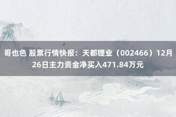 哥也色 股票行情快报：天都锂业（002466）12月26日主力资金净买入471.84万元